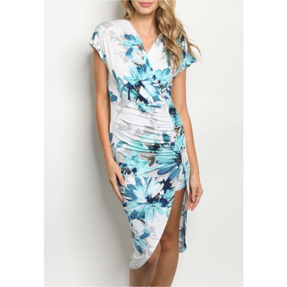 BLUE TEAL FLORAL FITTED DRESS